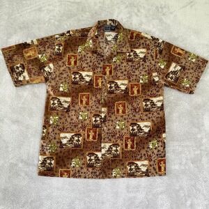 Authentic Shaolin Shirt Mens XL Brown Short Sleeve Button‎ Up Graphic Polyester